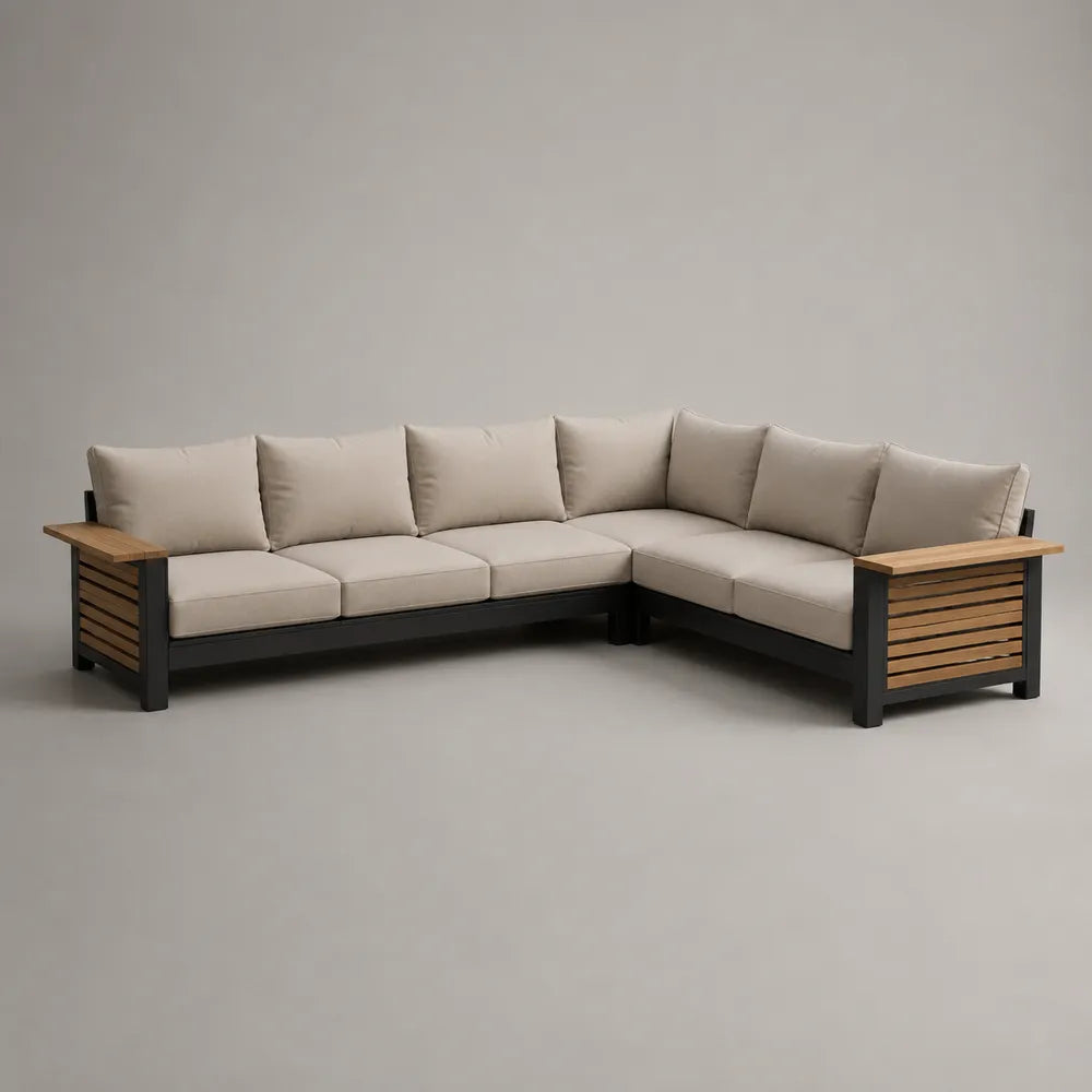 Canapé de jardin d’angle modulable en aluminium noir avec coussins écrus et tablettes bois 300 x 220 x 75 cm