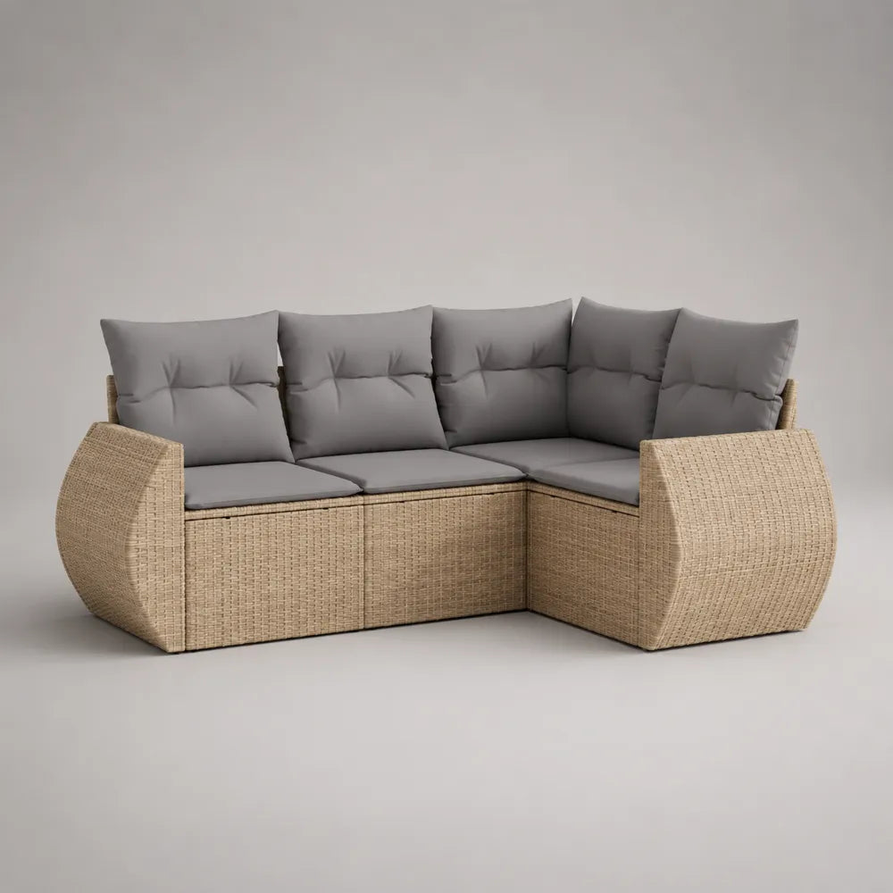 Canapé de jardin d'angle modulable en résine tressée beige avec coussins gris 260x180x75 cm