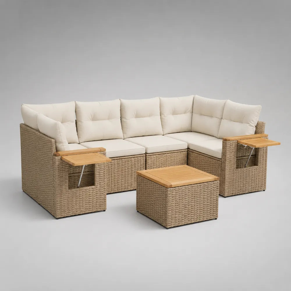 Salon de jardin d'angle modulable 8 places en résine tressée beige avec coussins écru et table basse