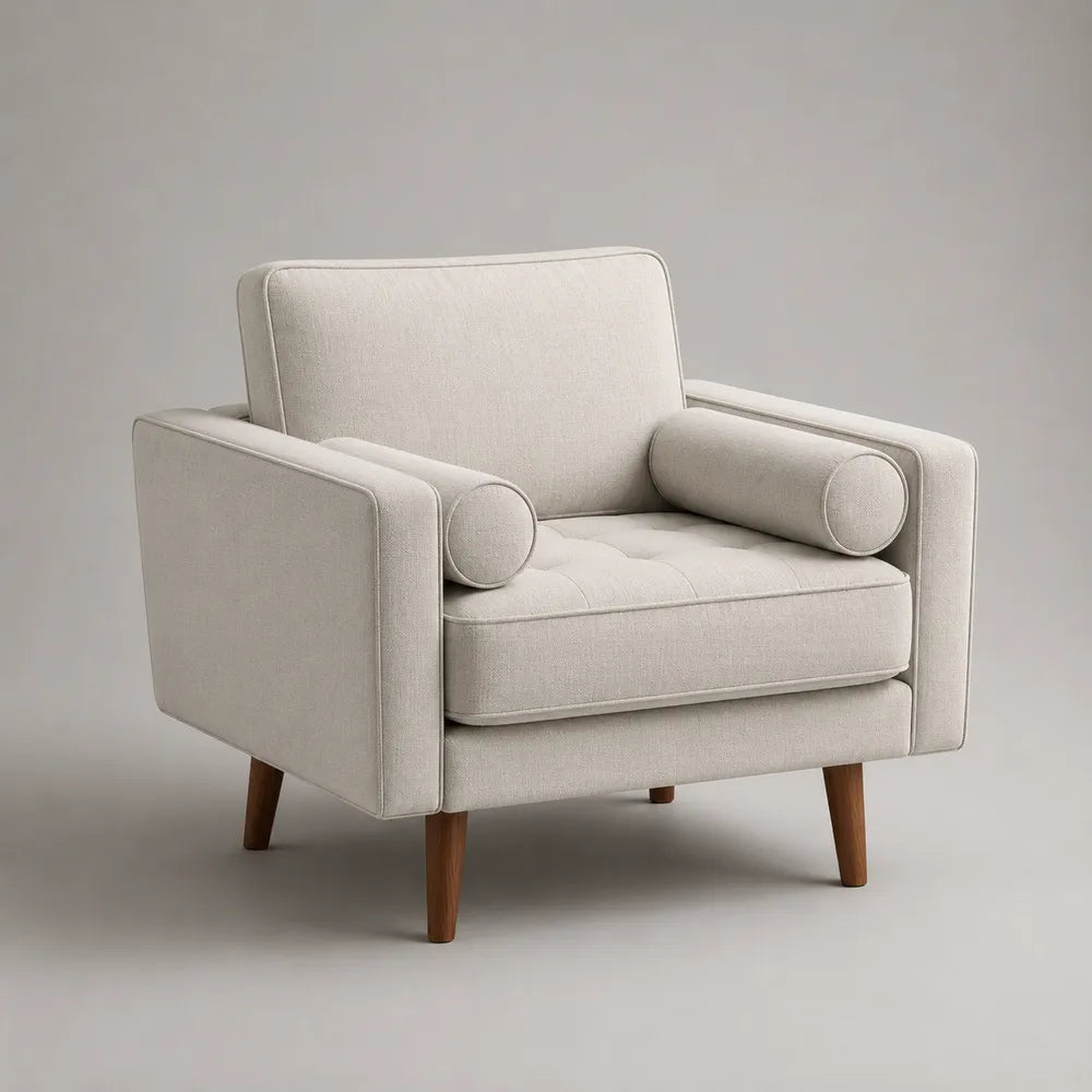 Fauteuil canapé 1 place rembourré en tissu polyester beige avec accoudoirs cylindriques et pieds en bois 85 x 82 x 82 cm
