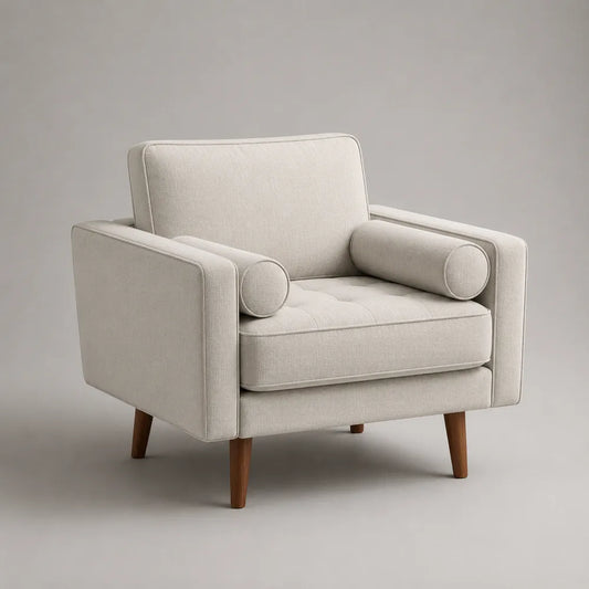Fauteuil canapé 1 place rembourré en tissu polyester beige avec accoudoirs cylindriques et pieds en bois 85 x 82 x 82 cm