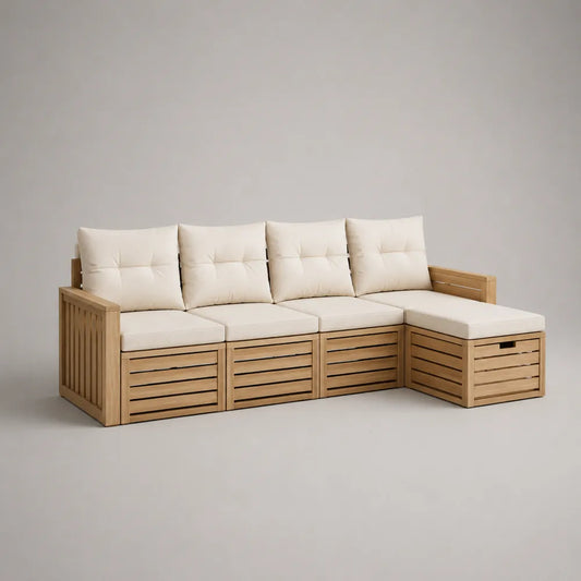 Canapé de jardin d'angle modulable en bois d'acacia massif avec coussins écrus 280x210x70 cm