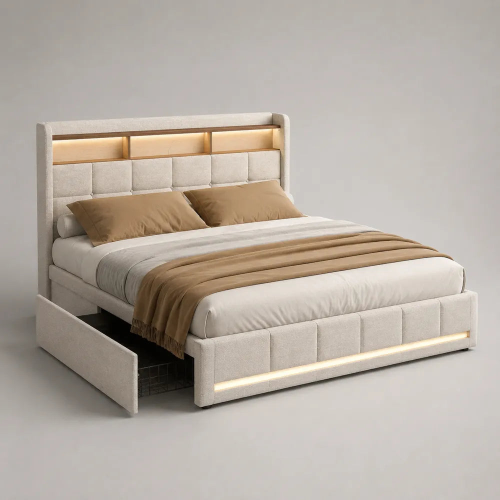 Lit coffre double rembourré tissu polyester beige avec éclairage LED 160 x 200 cm