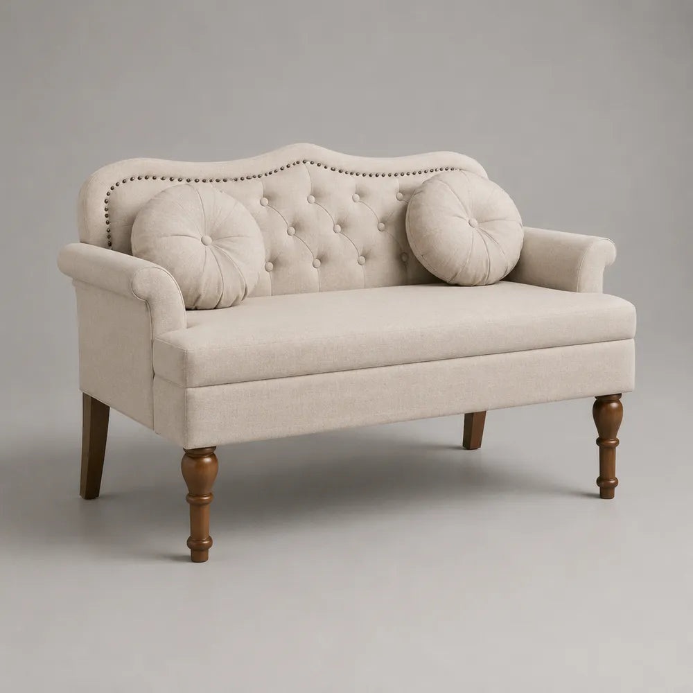 Banquette de chambre 2 places rembourrée en tissu polyester beige avec pieds en bois massif 140 x 60 x 85 cm