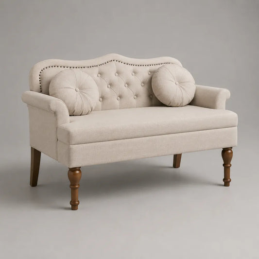 Banquette de chambre 2 places rembourrée en tissu polyester beige avec pieds en bois massif 140 x 60 x 85 cm