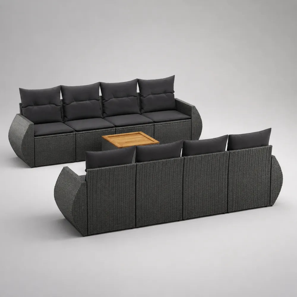 Salon de jardin modulable 8 places en résine tressée grise avec coussins gris foncé et table basse