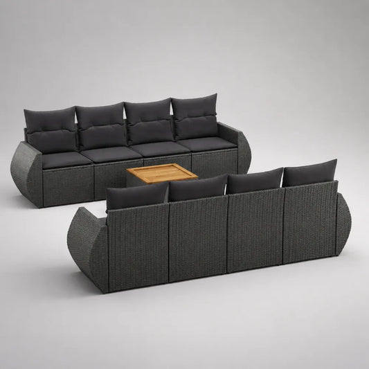 Salon de jardin modulable 8 places en résine tressée grise avec coussins gris foncé et table basse