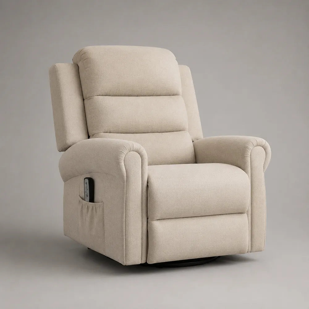 Fauteuil relax inclinable électrique rembourré en tissu polyester beige avec repose-pieds intégré 80 x 90 x 105 cm