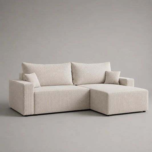 Canapé d'angle beige en tissu polyester côtelé avec méridienne 280x160x85 cm