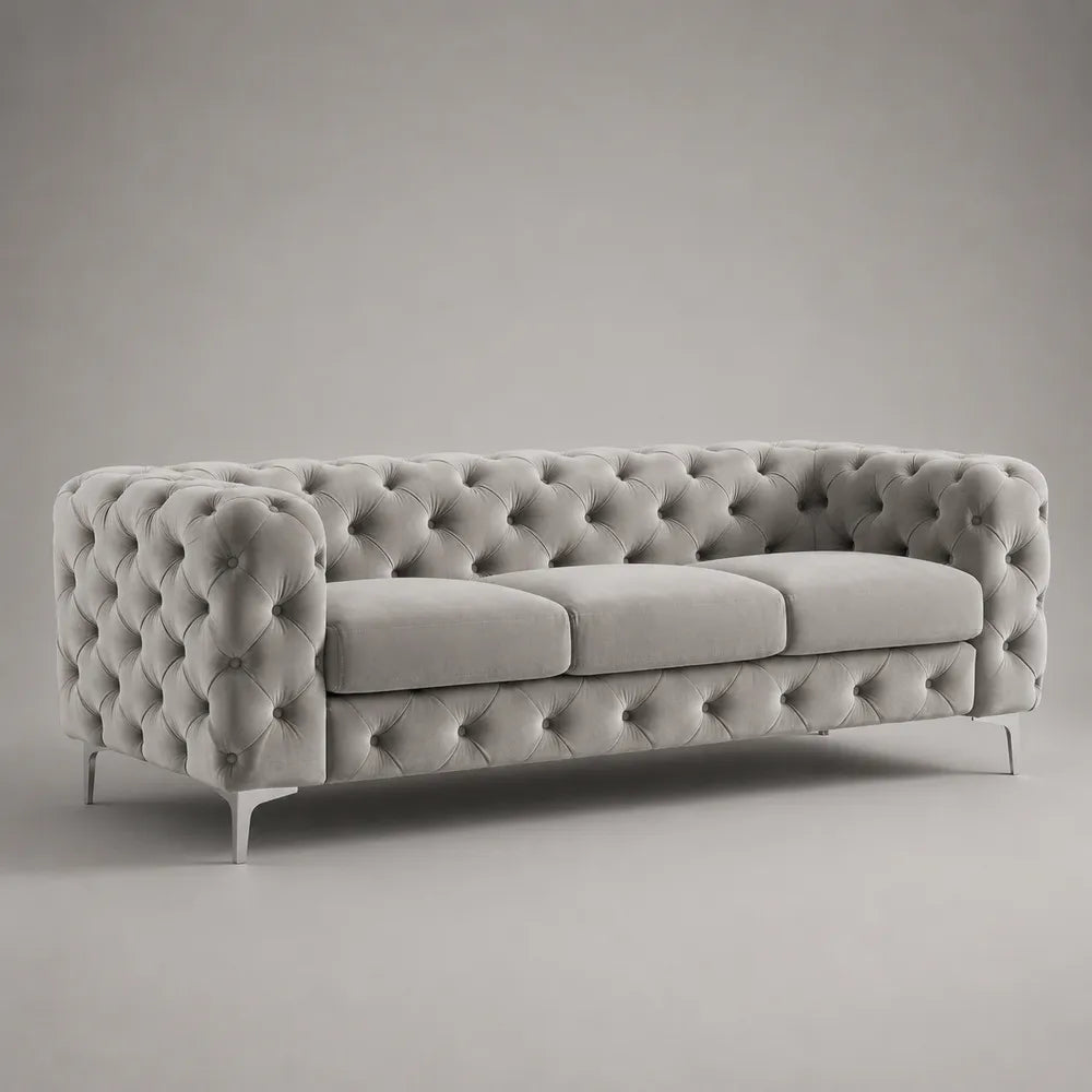 Canapé 3 places capitonné en tissu polyester gris clair avec pieds en acier 230 x 90 x 75 cm