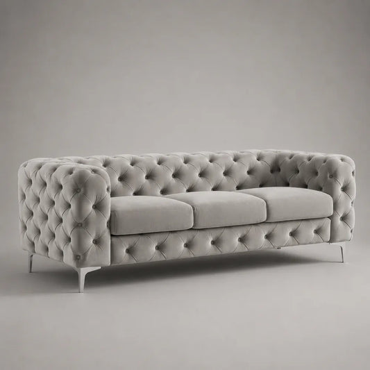 Canapé 3 places capitonné en tissu polyester gris clair avec pieds en acier 230 x 90 x 75 cm