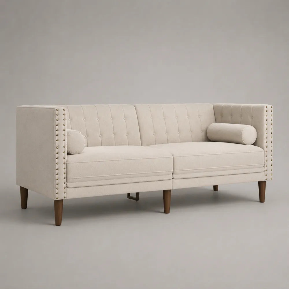 Canapé 3 places beige en tissu polyester avec accoudoirs hauts pieds en bois 220x85x90 cm