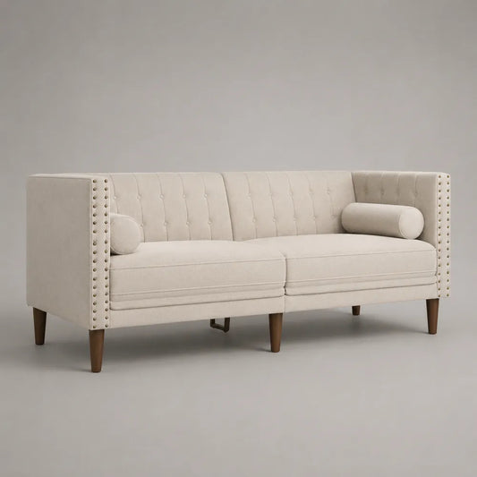Canapé 3 places beige en tissu polyester avec accoudoirs hauts pieds en bois 220x85x90 cm