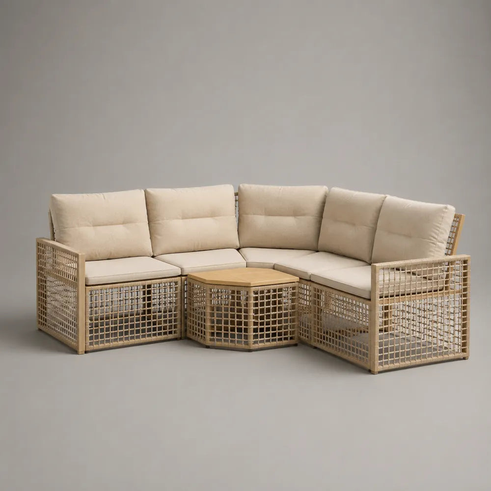 Salon de jardin d’angle 6 places en résine tressée beige avec coussins polyester écru et table basse 280 x 220 x 75 cm