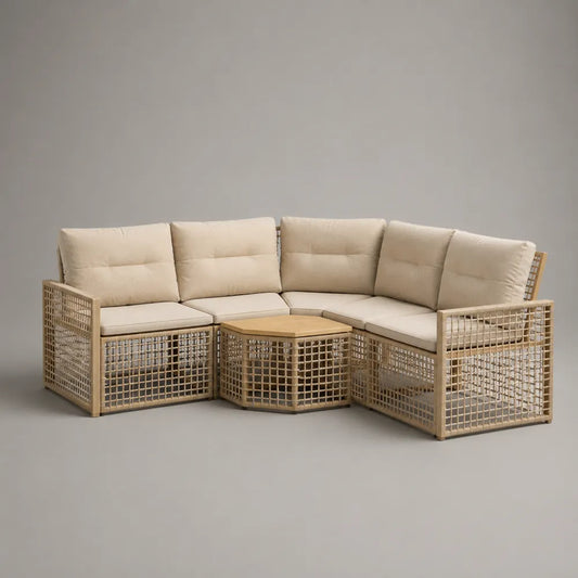 Salon de jardin d’angle 6 places en résine tressée beige avec coussins polyester écru et table basse 280 x 220 x 75 cm