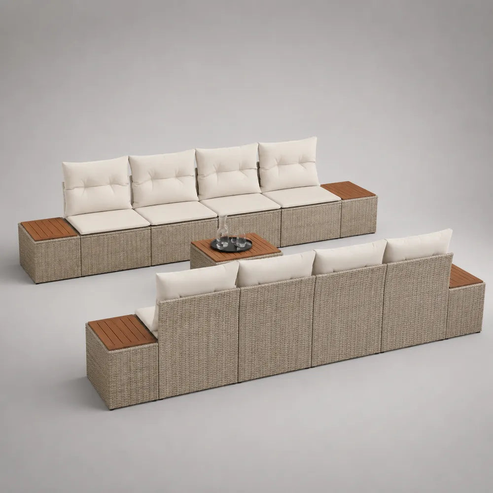 Salon de jardin modulable en résine tressée beige avec coussins écrus et table basse 320x220x75 cm
