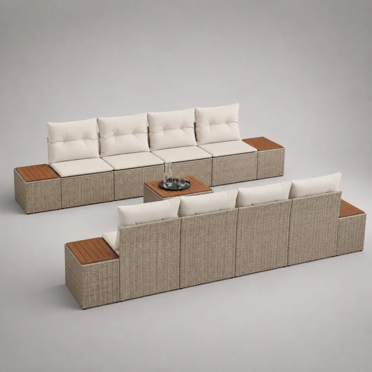 Salon de jardin modulable en résine tressée beige avec coussins écrus et table basse 320x220x75 cm