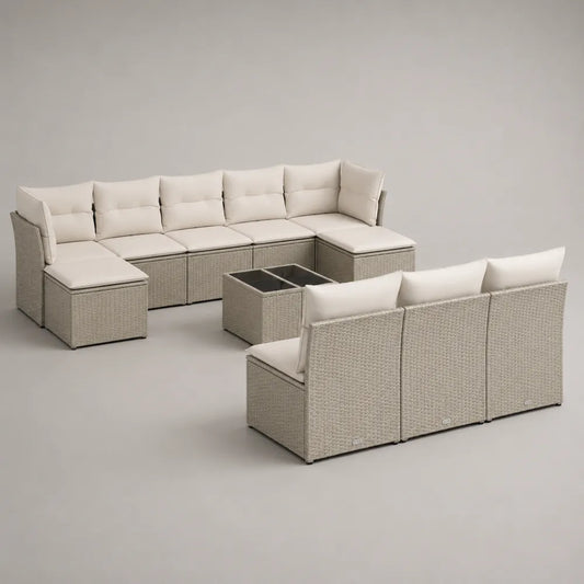 Salon de jardin modulable en résine tressée beige avec coussins écrus et table basse coffre 360x280x75 cm