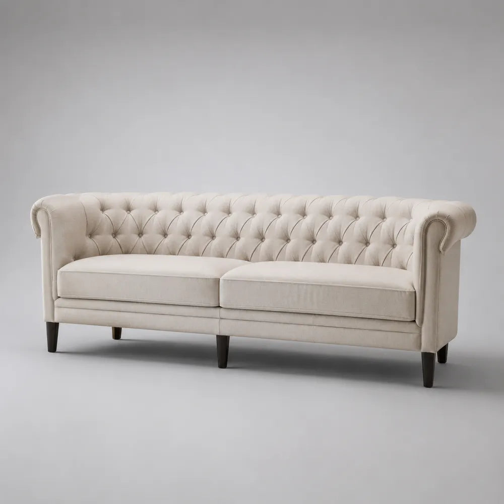 Canapé 3 places capitonné en tissu polyester beige avec accoudoirs roulés et pieds en bois 230 x 90 x 80 cm