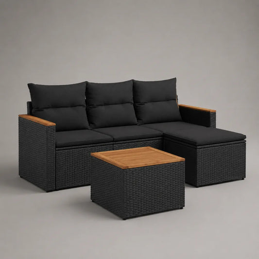 Salon de jardin d’angle 5 places en résine tressée noire avec coussins polyester noirs et table basse 260 x 180 x 75 cm