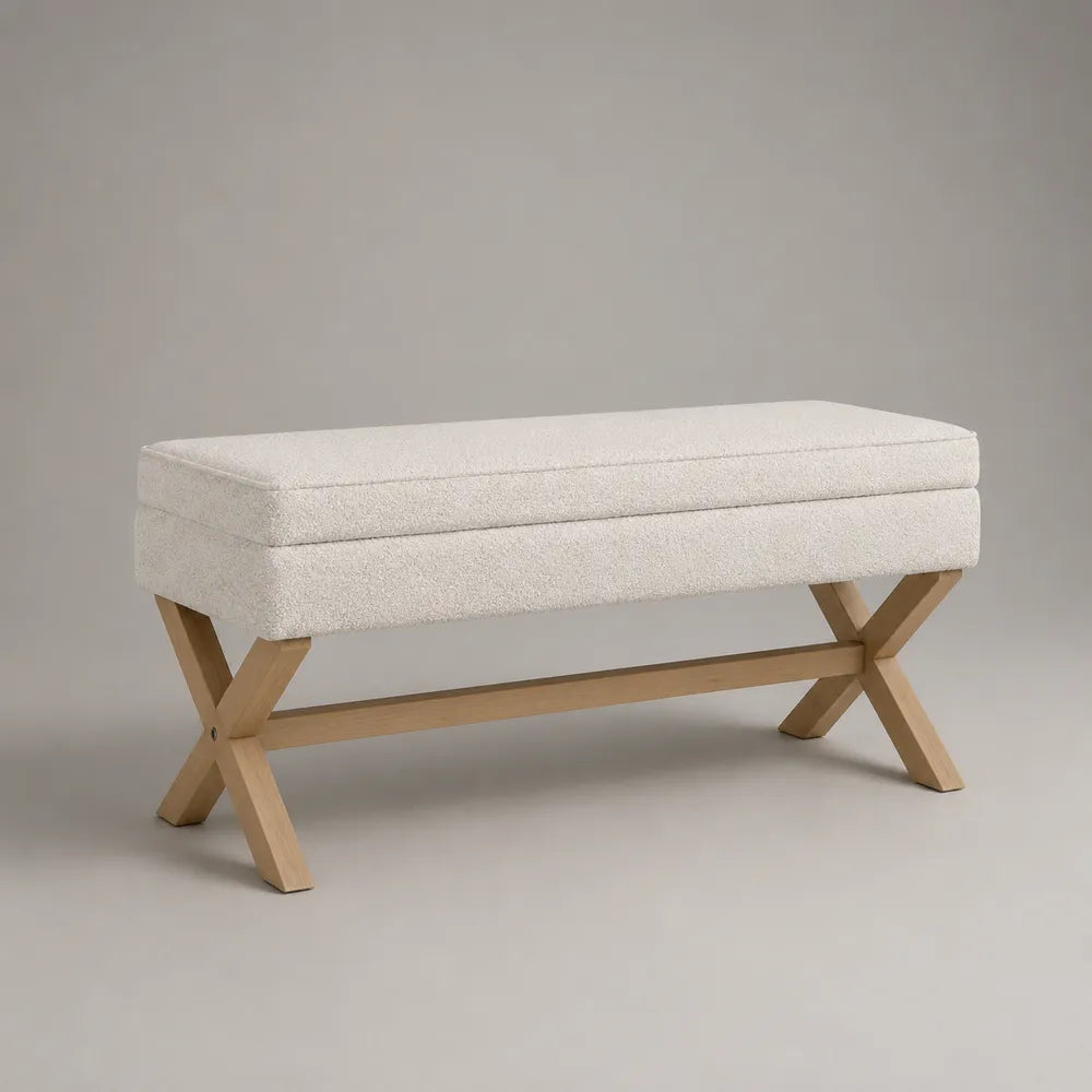 Banc de chambre rectangulaire tissu polyester blanc avec pieds croisés en bois naturel 120 x 40 x 45 cm