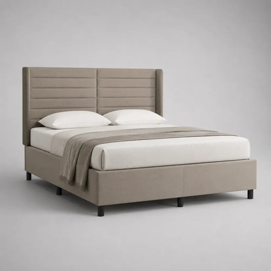 Lit double rectangulaire rembourré tissu polyester beige avec tête de lit capitonnée 160 x 200 cm