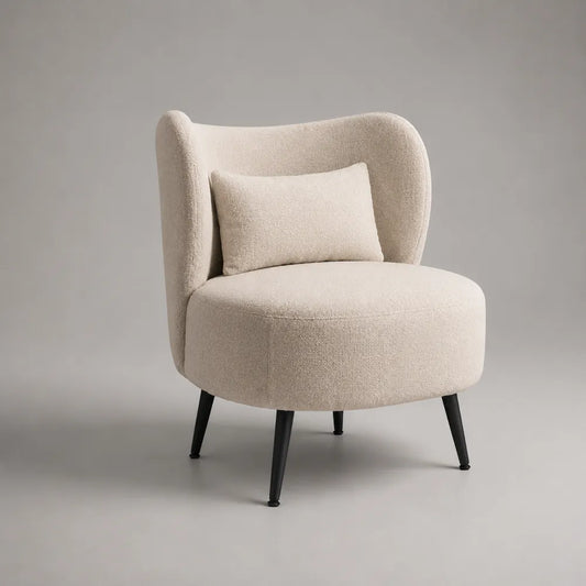 Fauteuil lounge rembourré en tissu polyester beige avec pieds en acier noir 75 x 80 x 85 cm