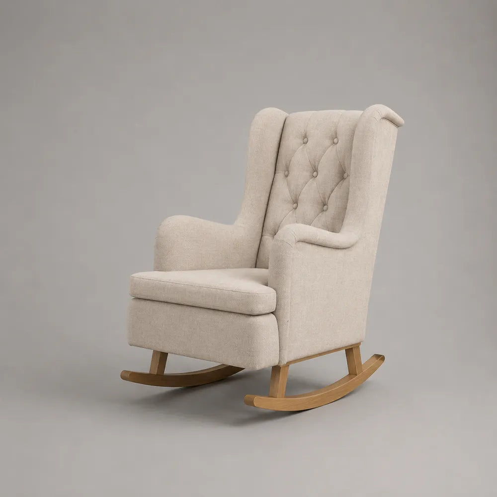 Fauteuil à bascule rembourré en tissu polyester beige avec pieds en bois massif 75x90x105 cm