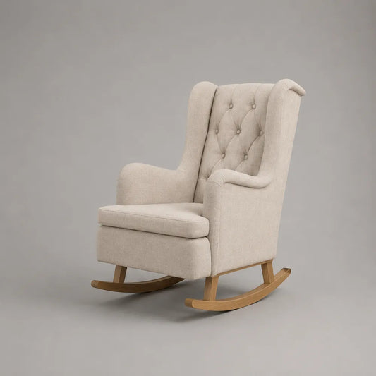 Fauteuil à bascule rembourré en tissu polyester beige avec pieds en bois massif 75x90x105 cm