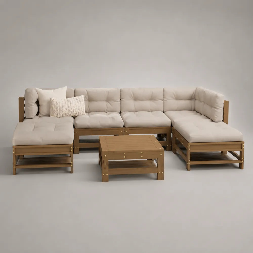 Salon de jardin modulable en bois d'acacia avec coussins écrus et table basse 350x200x75 cm
