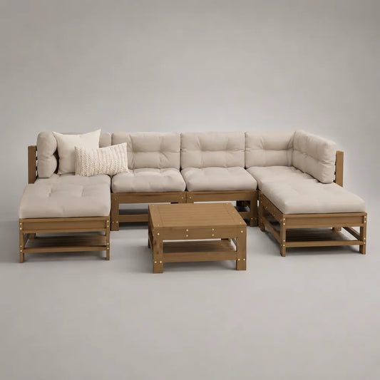 Salon de jardin modulable en bois d'acacia avec coussins écrus et table basse 350x200x75 cm