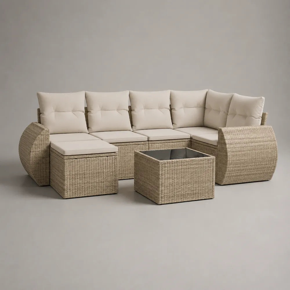 Salon de jardin modulable en résine tressée beige avec coussins écrus et table basse coffre 300x220x75 cm