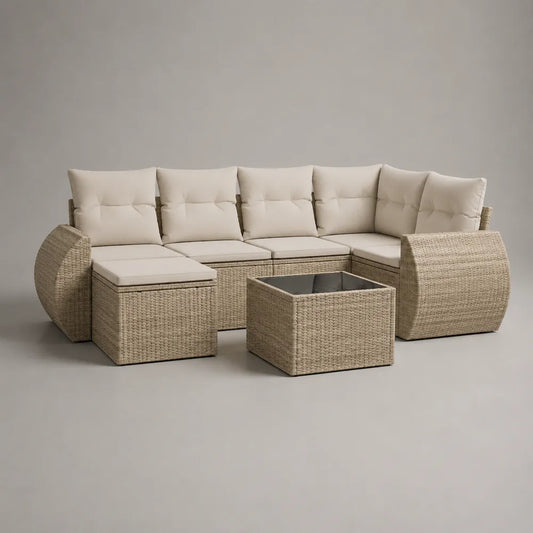 Salon de jardin modulable en résine tressée beige avec coussins écrus et table basse coffre 300x220x75 cm
