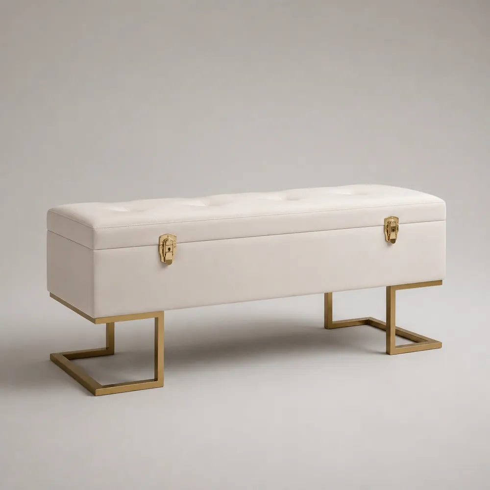 Banc de chambre coffre rectangulaire rembourré polyester blanc avec pieds en acier doré 140 x 45 x 45 cm