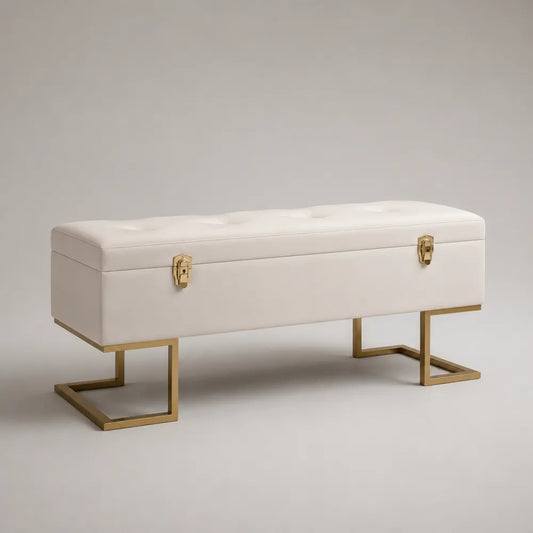 Banc de chambre coffre rectangulaire rembourré polyester blanc avec pieds en acier doré 140 x 45 x 45 cm