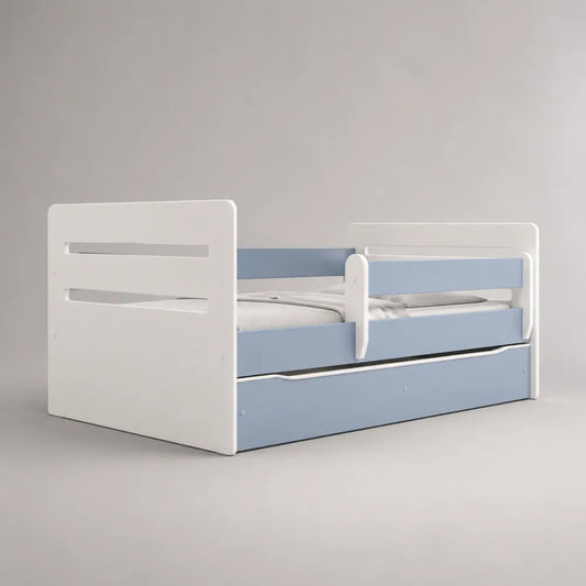 Lit enfant rectangulaire MDF blanc et bleu avec tiroir gigogne et barrière de sécurité 90 x 200 cm