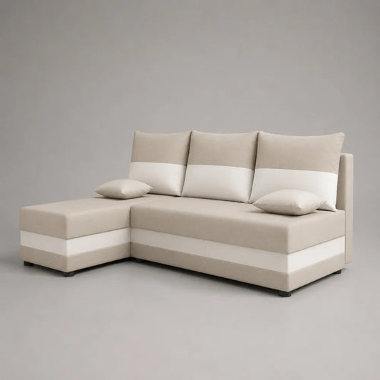 Canapé d'angle convertible 4 places en tissu polyester beige et blanc avec méridienne 250 x 160 x 85 cm