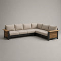Canapé de jardin d’angle modulable en aluminium noir avec coussins écrus et tablettes bois 300 x 220 x 75 cm