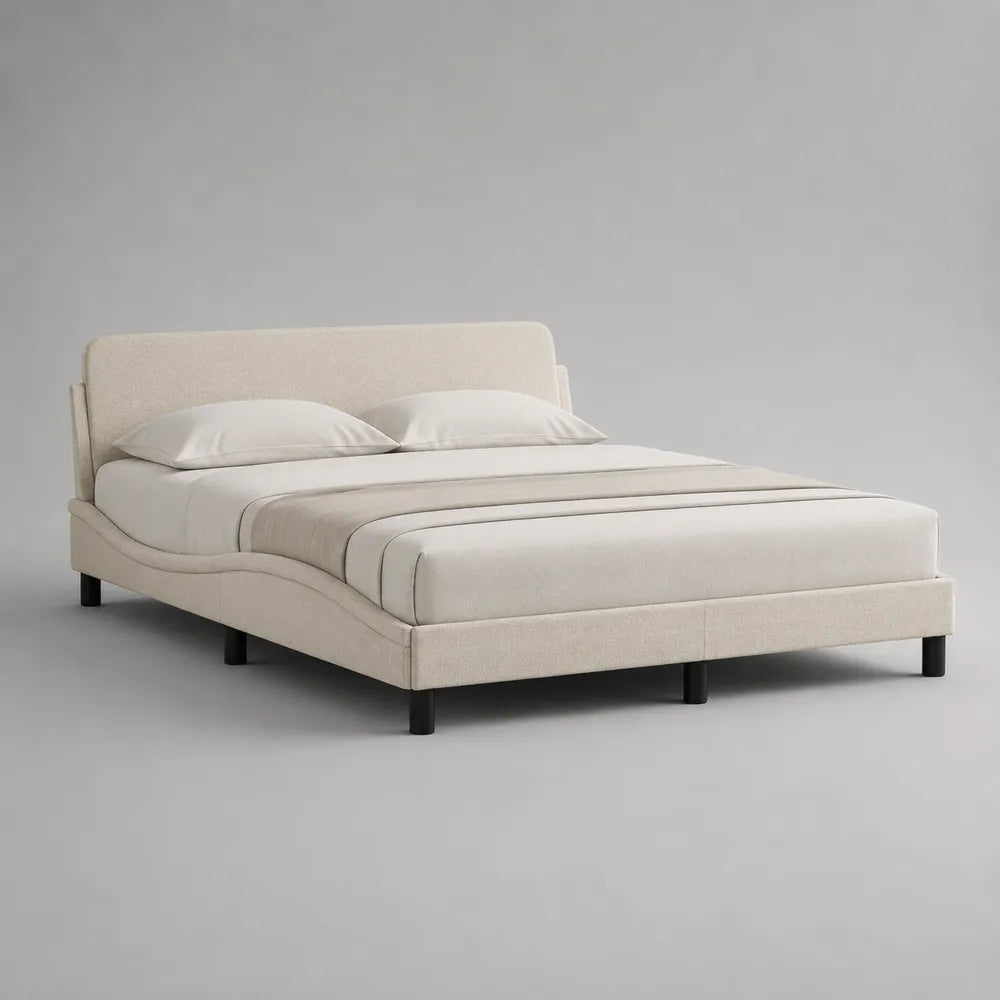 Lit double rembourré en tissu polyester beige avec cadre rectangulaire et tête de lit 160 x 200 cm