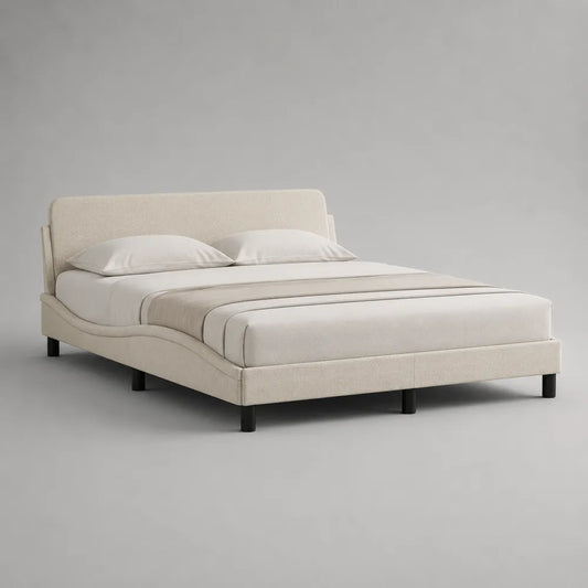 Lit double rembourré en tissu polyester beige avec cadre rectangulaire et tête de lit 160 x 200 cm