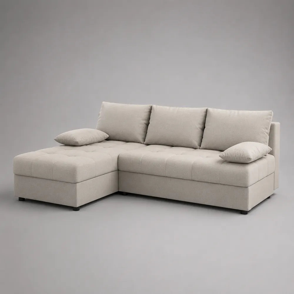 Canapé d'angle beige en tissu polyester avec méridienne et coussins 270x160x85 cm