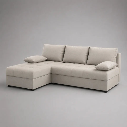 Canapé d'angle beige en tissu polyester avec méridienne et coussins 270x160x85 cm