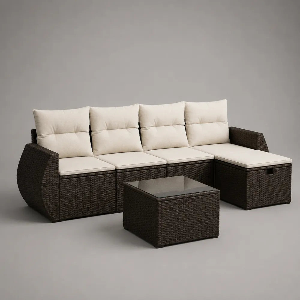 Salon de jardin modulable en résine tressée marron avec coussins écrus et table basse vitrée 280x210x75 cm