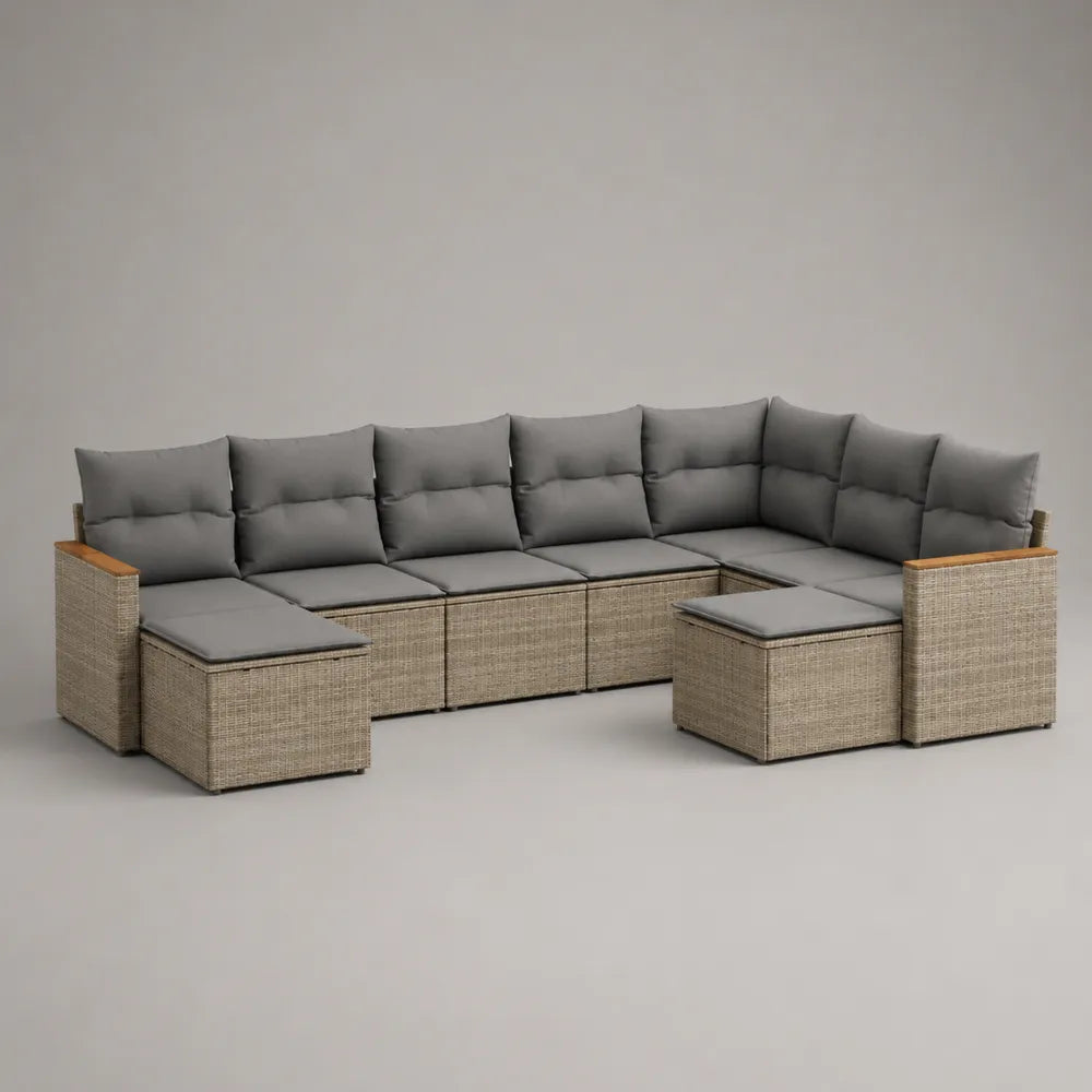 Salon de jardin d'angle modulable 10 places en résine tressée beige avec coussins gris et table basse