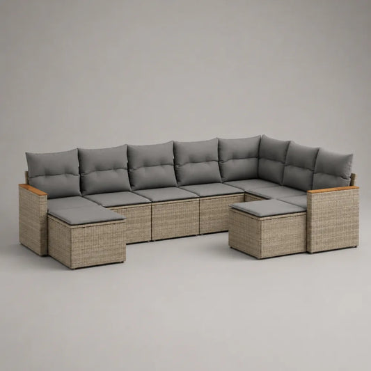 Salon de jardin d'angle modulable 10 places en résine tressée beige avec coussins gris et table basse