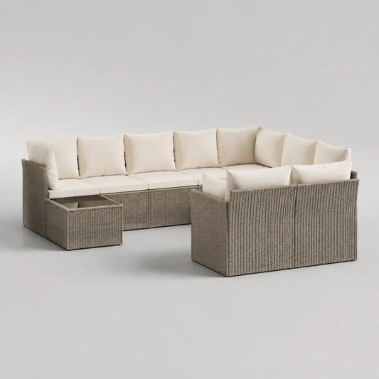 Salon de jardin modulable en résine tressée beige avec coussins écrus 350x260x75 cm