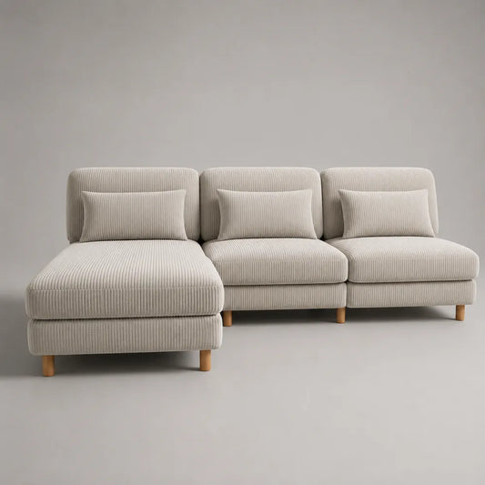 Canapé d'angle beige en tissu polyester côtelé avec méridienne 290x170x85 cm