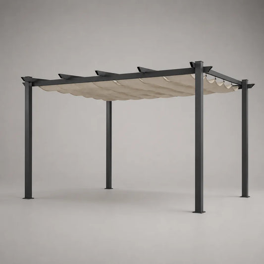Pergola de jardin rectangulaire en acier avec toile rétractable beige noir 400 x 300 x 250 cm
