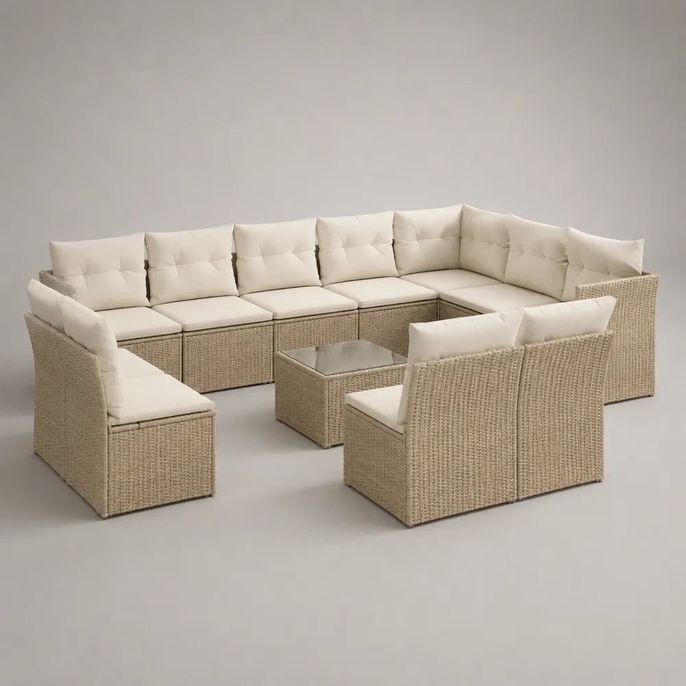 Salon de jardin modulable 12 places en résine tressée beige avec coussins écru et table basse