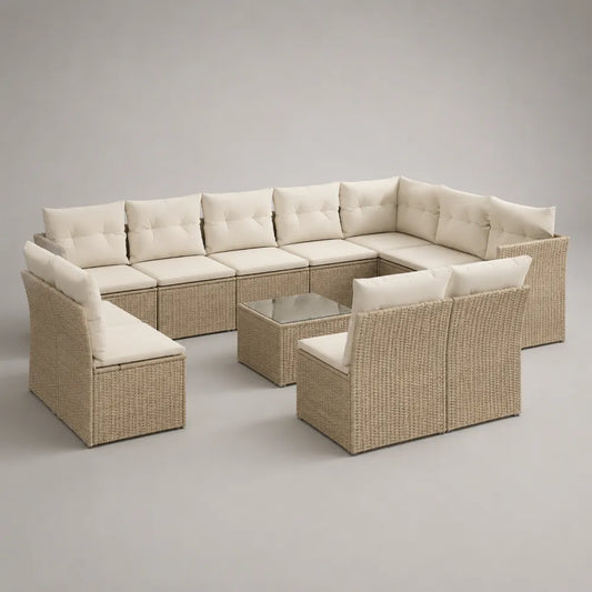 Salon de jardin modulable 12 places en résine tressée beige avec coussins écru et table basse